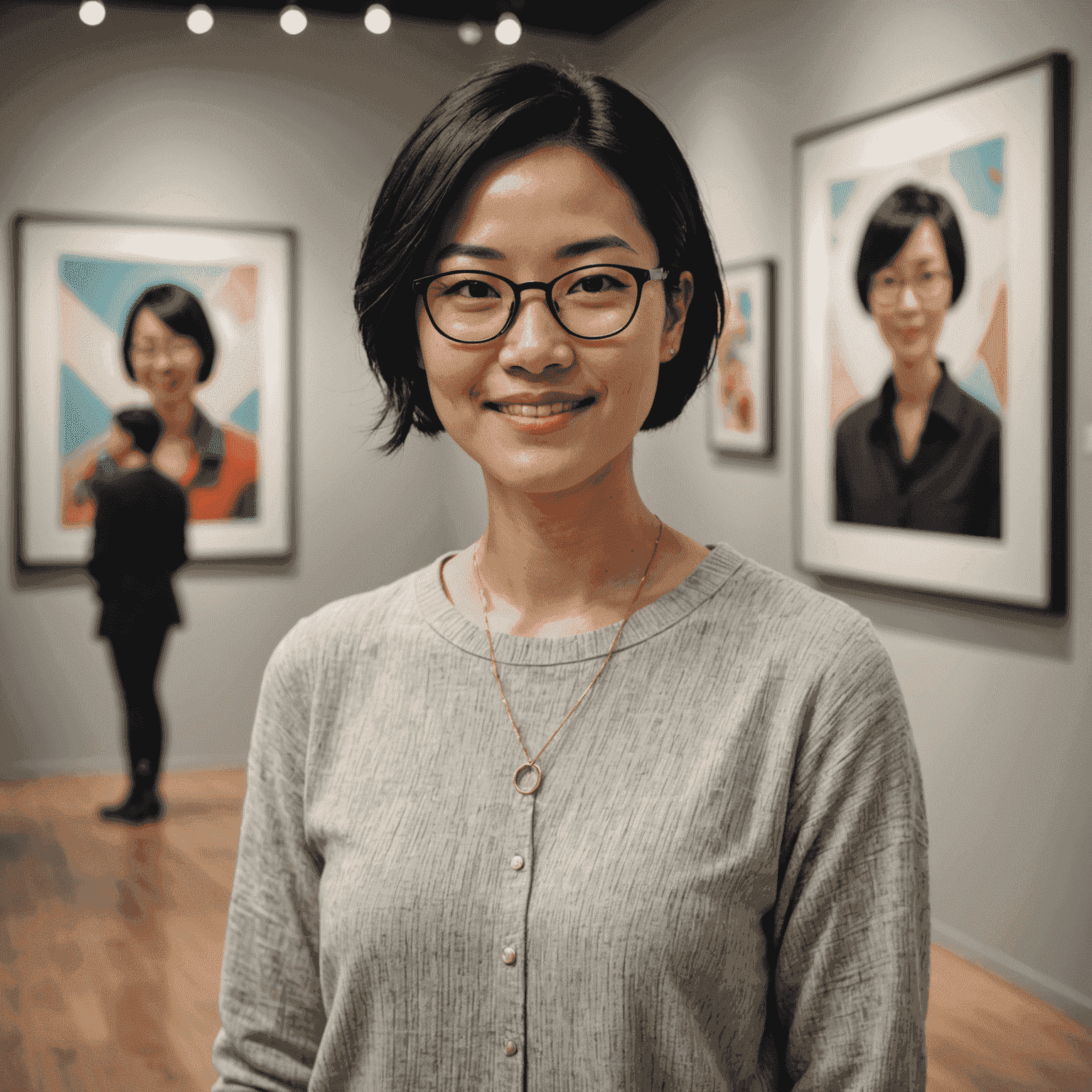 Portrait of Emma Chen, a woman in her early 30s with short black hair and glasses, smiling confidently in a modern art gallery setting