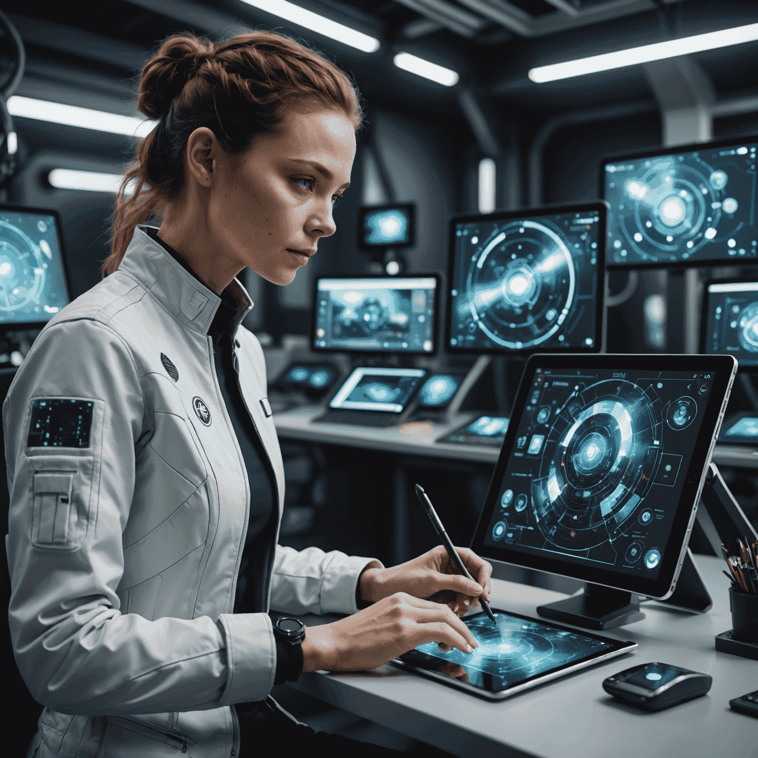 A digital artist using a tablet with AI-powered software, showcasing a futuristic interface with various AI tools and a partially completed digital artwork