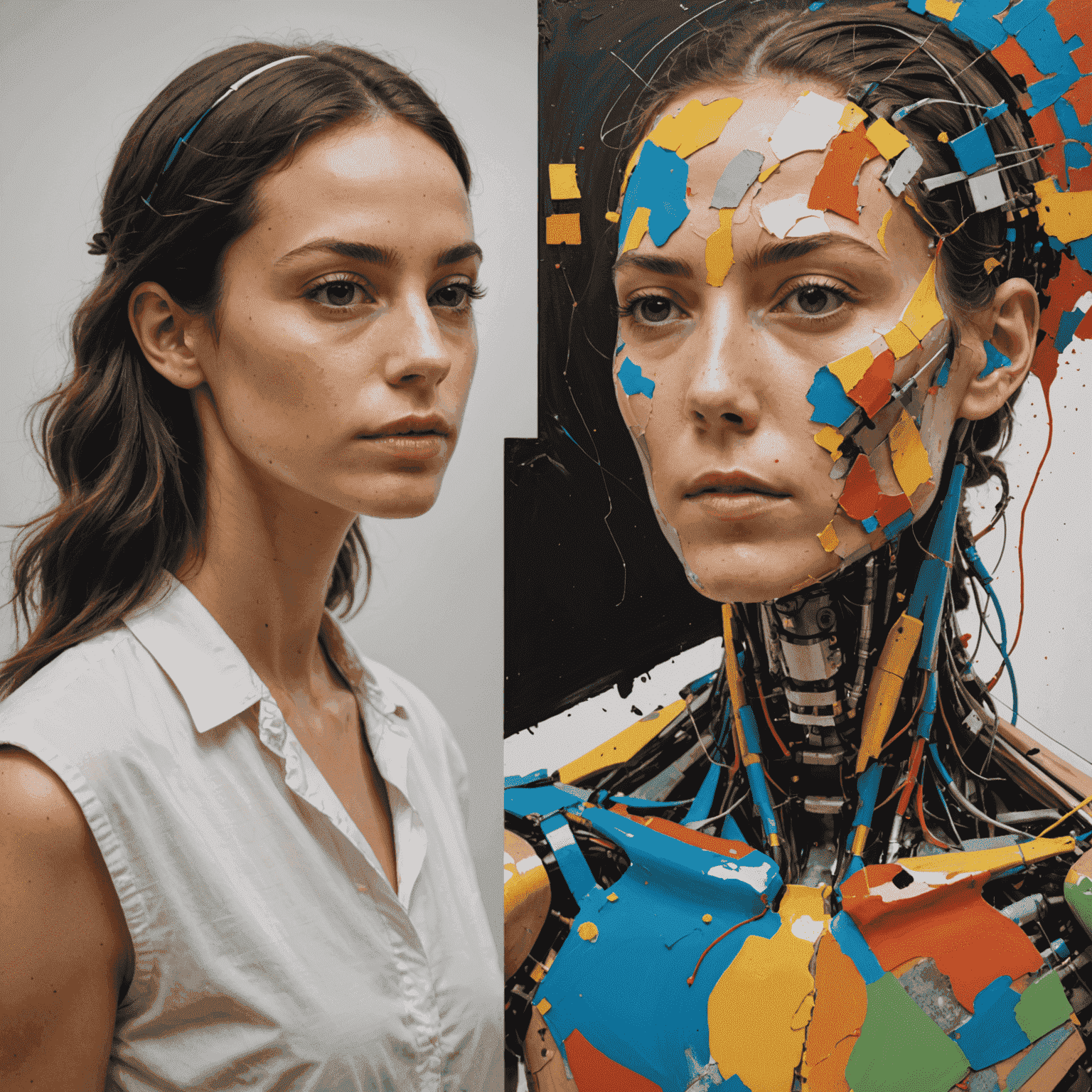 A split image showing a human artist painting on one side and an AI-generated artwork on the other, symbolizing the intersection of human creativity and artificial intelligence in art