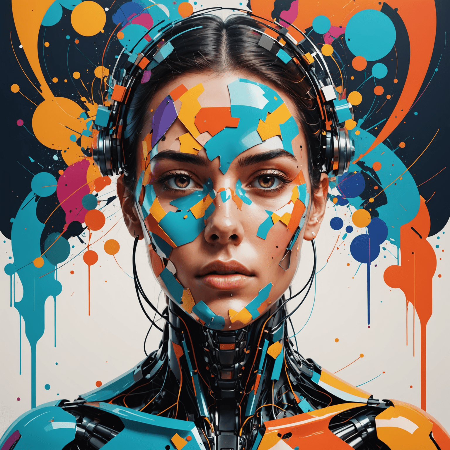 A digital artwork showcasing a blend of human and AI-generated elements, with vibrant colors and abstract shapes merging seamlessly