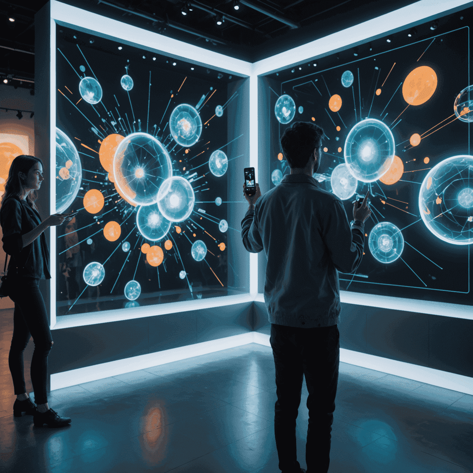 A futuristic digital art gallery with holographic displays and AI-powered interactive exhibits. Visitors are engaging with artworks through gesture controls and augmented reality interfaces.