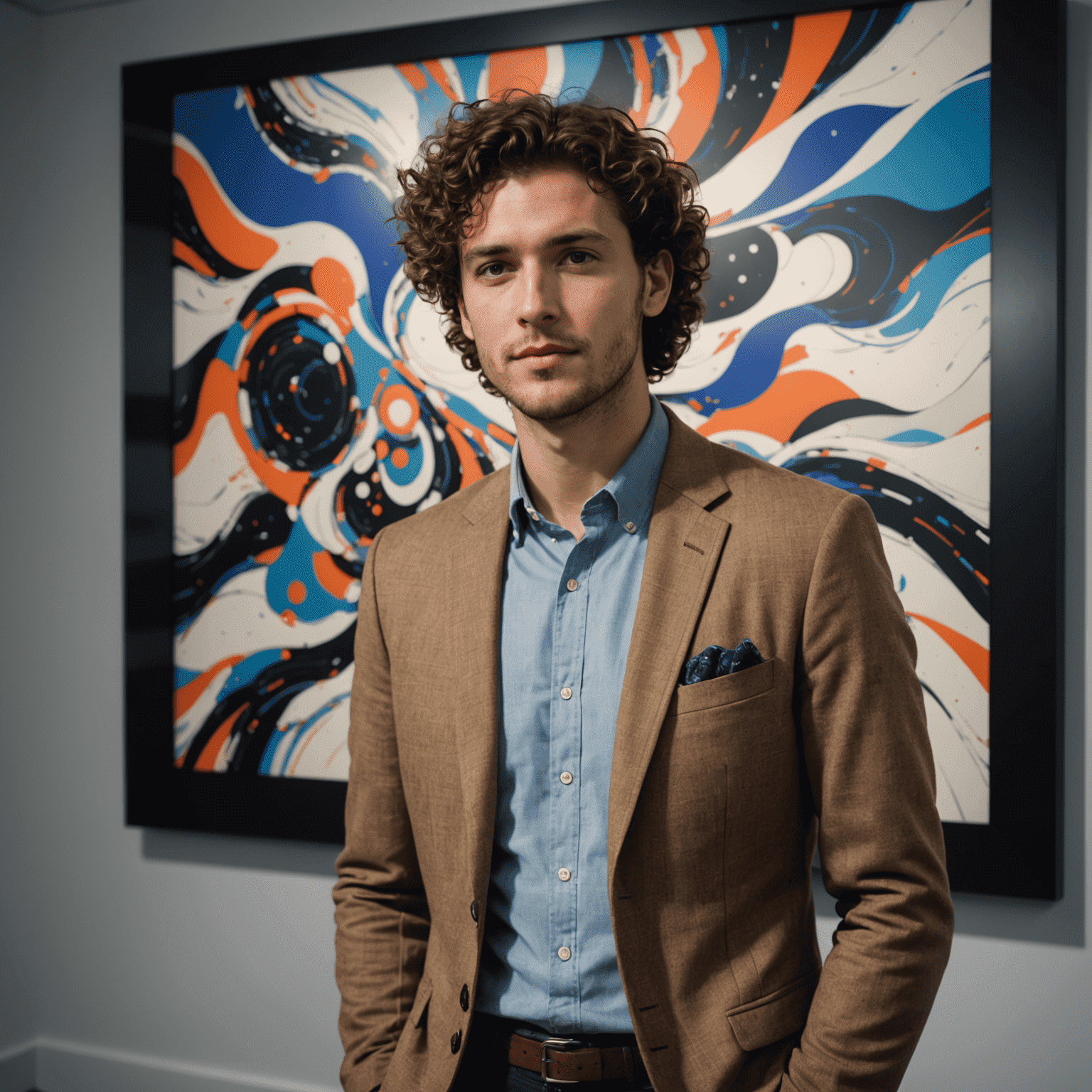 Portrait of Alex Novak, a man in his late 20s with curly brown hair, wearing a casual blazer, standing in front of a large screen displaying AI-generated artwork