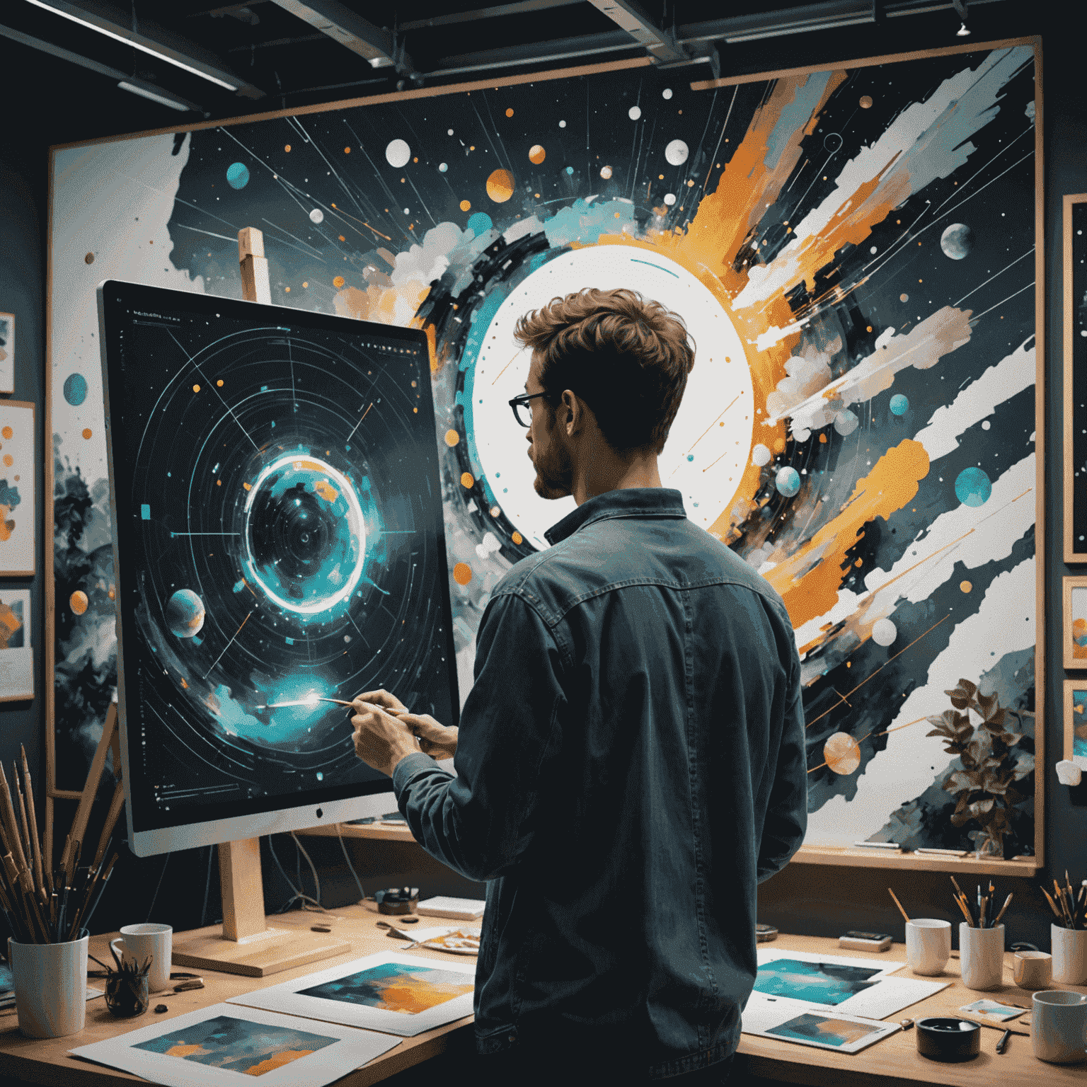 An artist working on a digital canvas, with AI-generated elements floating around them, showcasing the collaborative process