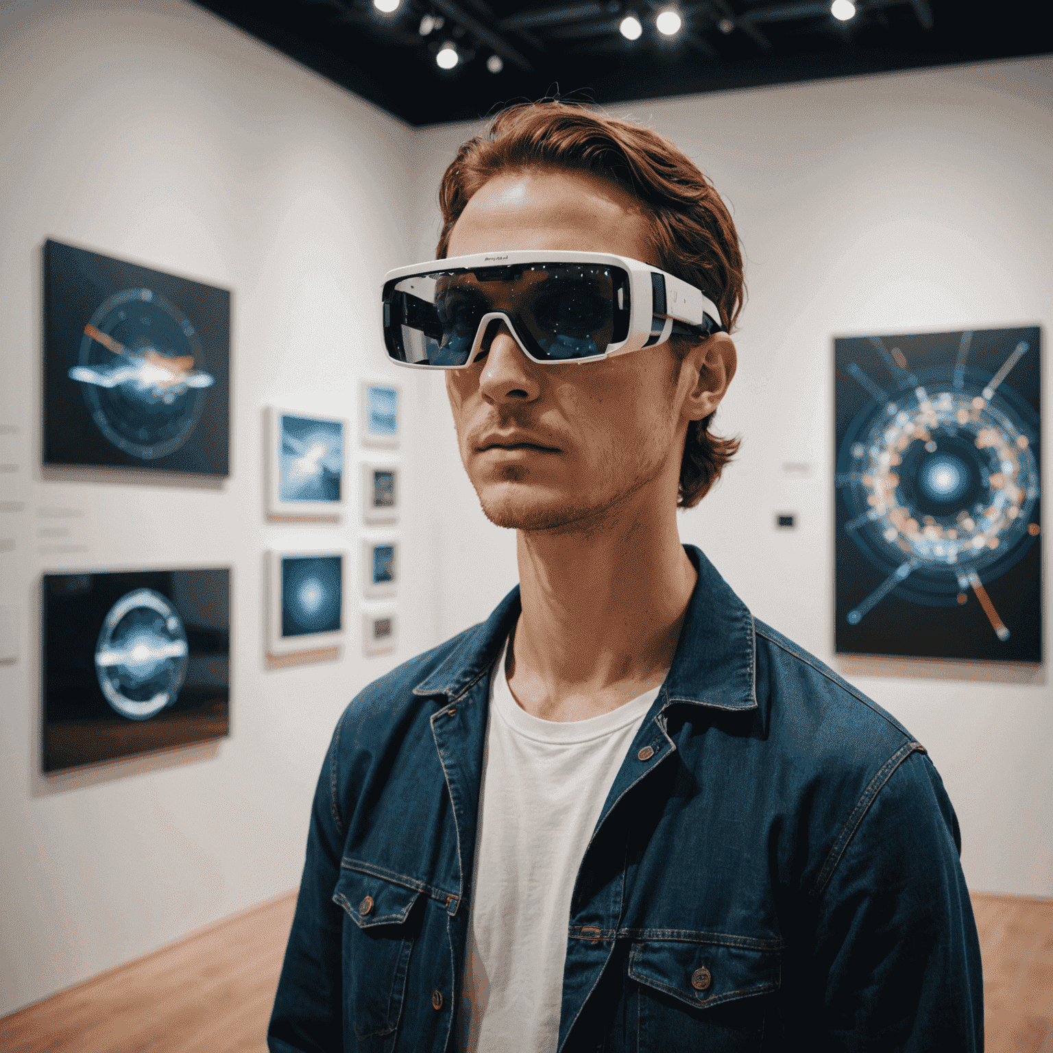 A visitor wearing AR glasses in a physical gallery space, with AI-generated information overlays appearing next to digital artworks. The space seamlessly blends physical and virtual elements.