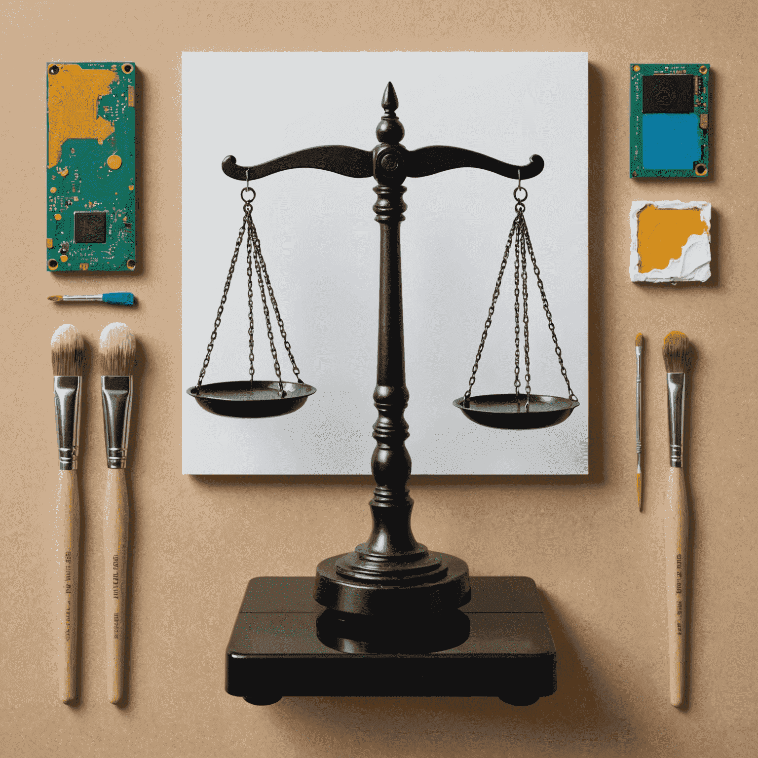 A symbolic image representing the balance between AI and human creativity, with scales weighing a computer chip against an artist's paintbrush