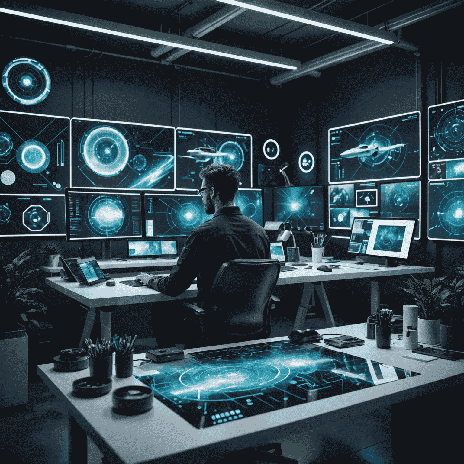A futuristic workspace showing an artist working collaboratively with AI tools, surrounded by holographic displays of in-progress digital artworks
