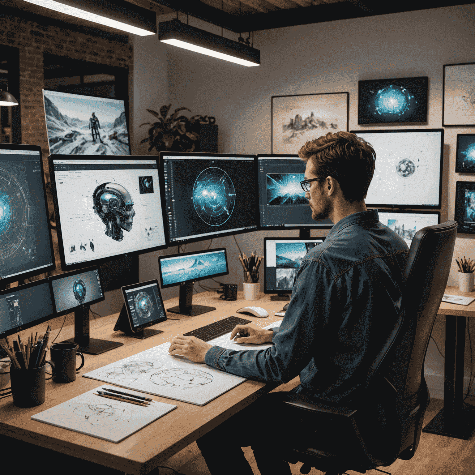 A digital artist's workspace showing multiple screens: one with AI-generated concept sketches, another with the artist refining an AI-assisted design, and a third displaying the final artwork that combines AI and human creativity
