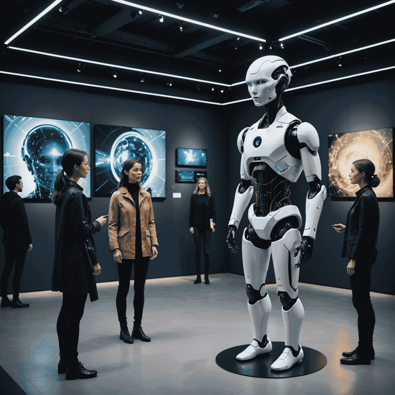 A futuristic gallery space showcasing hybrid human-AI artworks, with visitors interacting with dynamic, responsive pieces