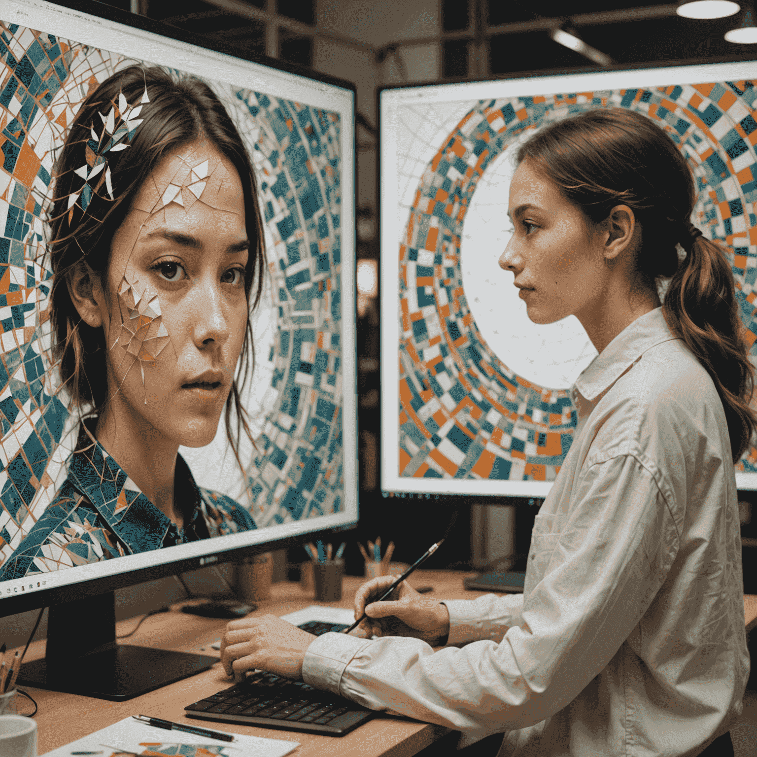 A split-screen image showing an artist working on a digital canvas on one side and AI-generated patterns on the other, merging in the middle
