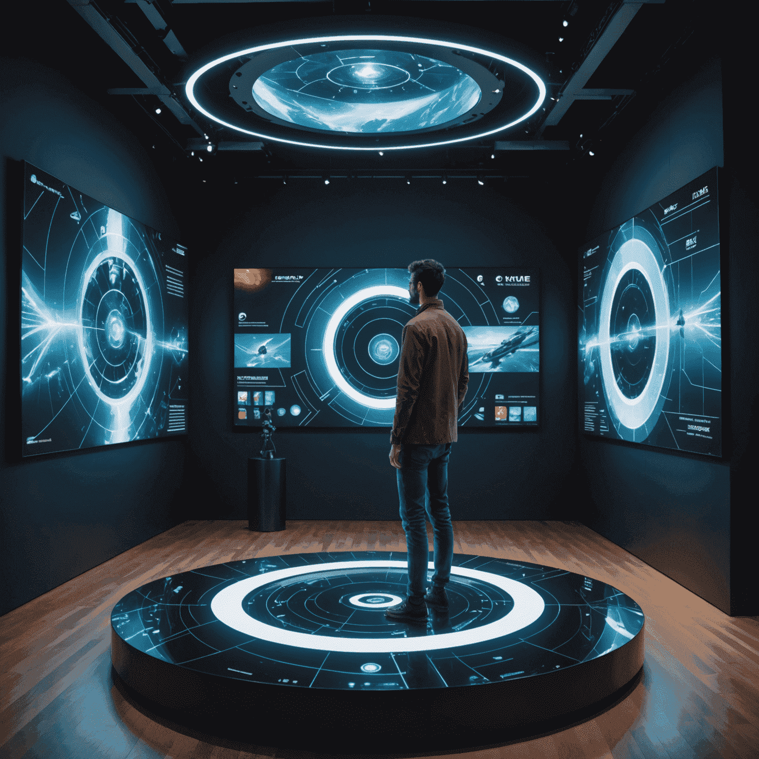 A futuristic virtual art gallery with holographic displays and AI-powered interactive exhibits